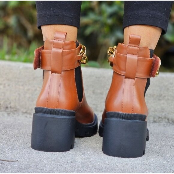 Women's Tan Combat Ankle Boots Heeled Booties - Picture 6 of 6